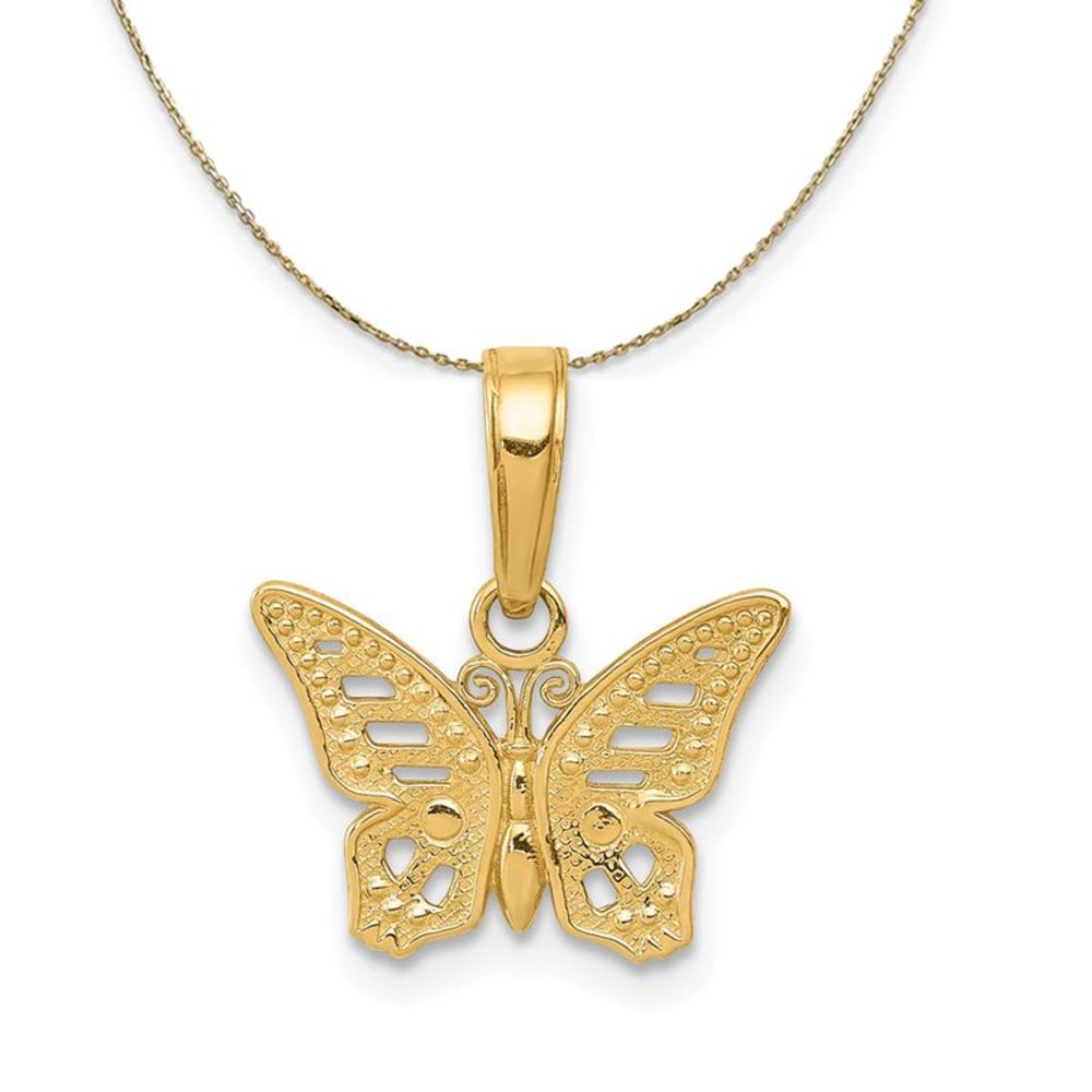 14k Yellow Gold Textured Cutout Butterfly Necklace - 16 Inch